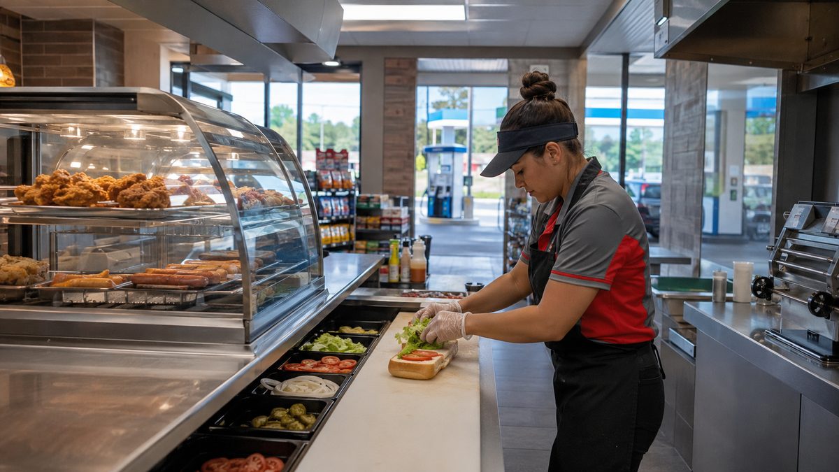 A convenience store worker assembling a sandwich at the deli counter with gas pumps visible through the window