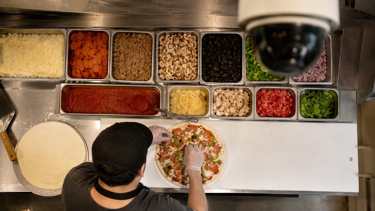 Top-down view of a pizza prep station with a dome camera monitoring food preparation