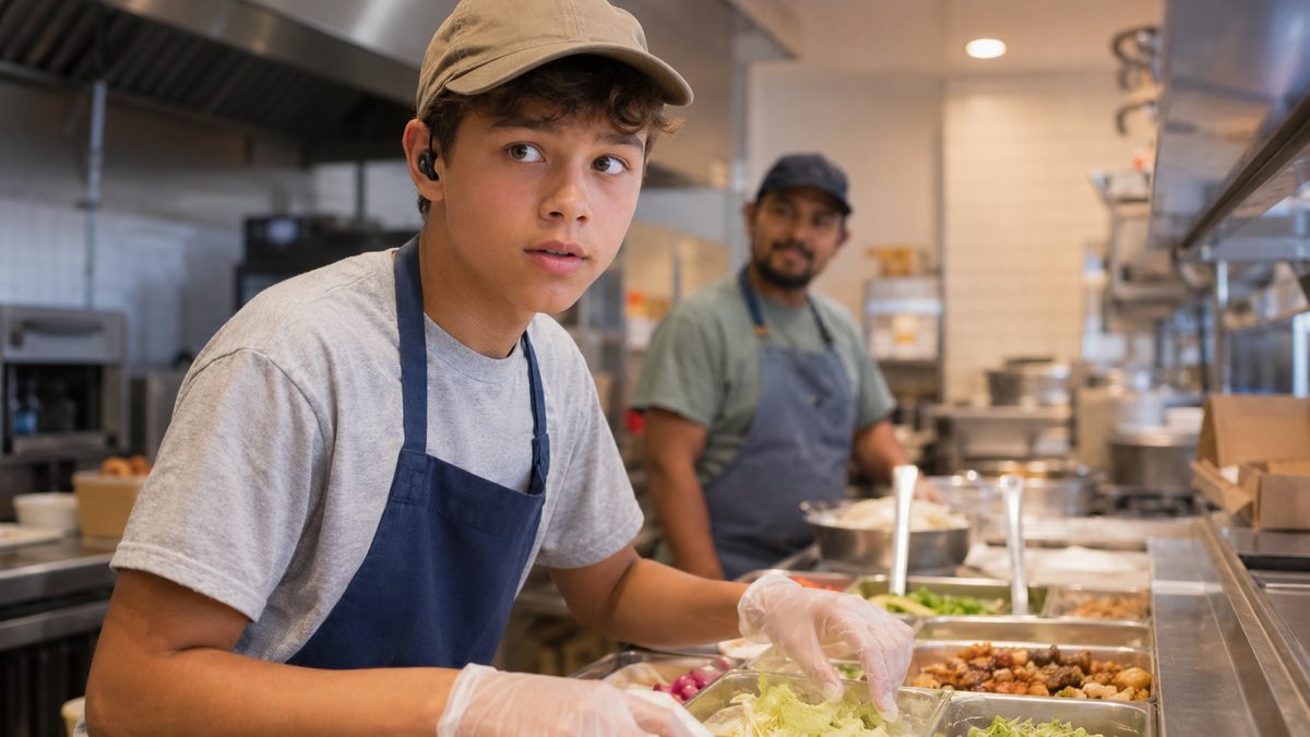 A young first-time restaurant worker at a prep station with an earpiece, learning on the job
