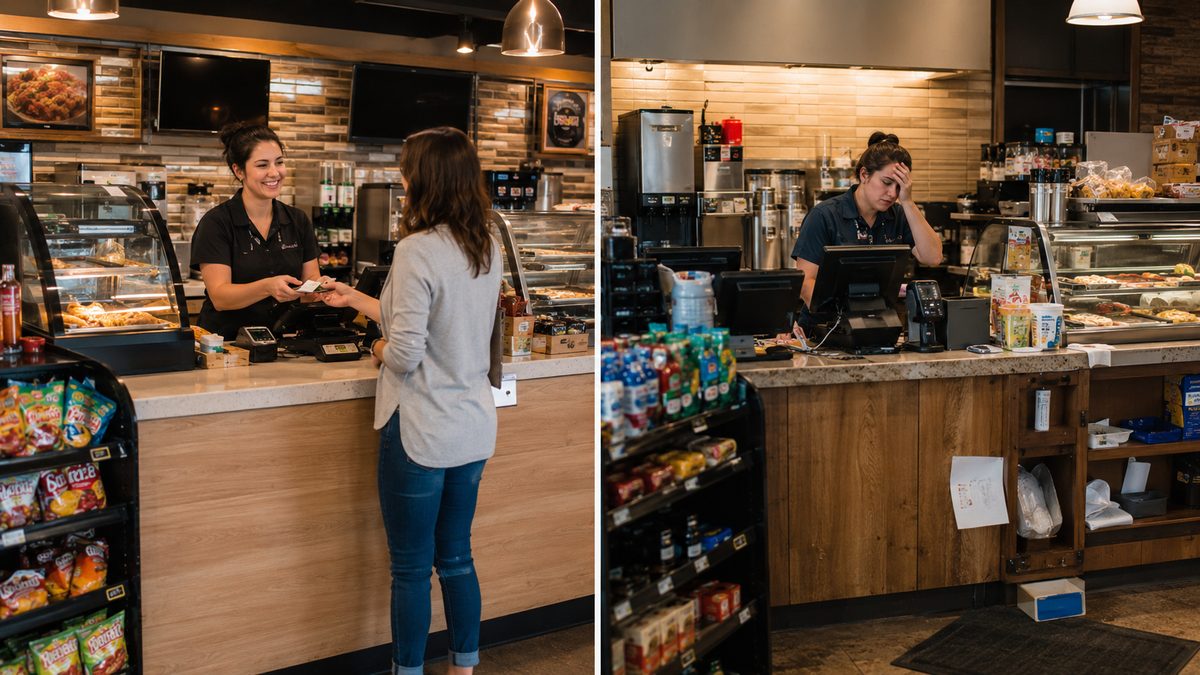 Split view showing two franchise locations — one organized and one struggling with execution