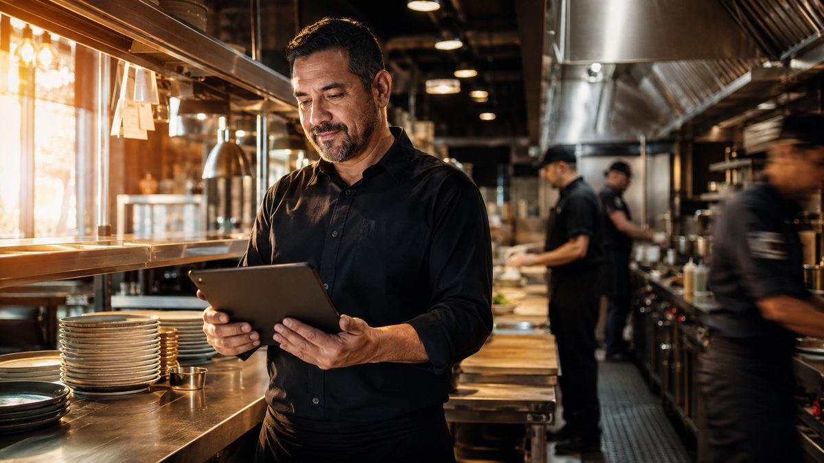 A restaurant manager reviewing a tablet dashboard while the kitchen team works efficiently behind