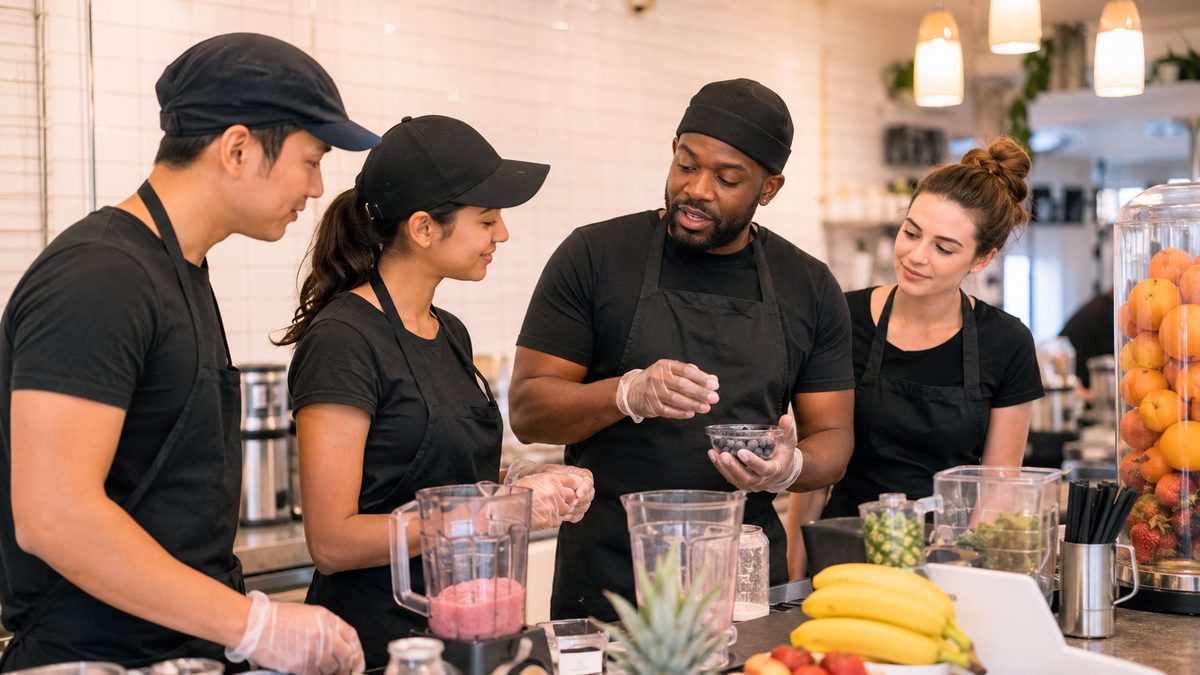 A diverse team of restaurant workers learning a prep technique together at a station