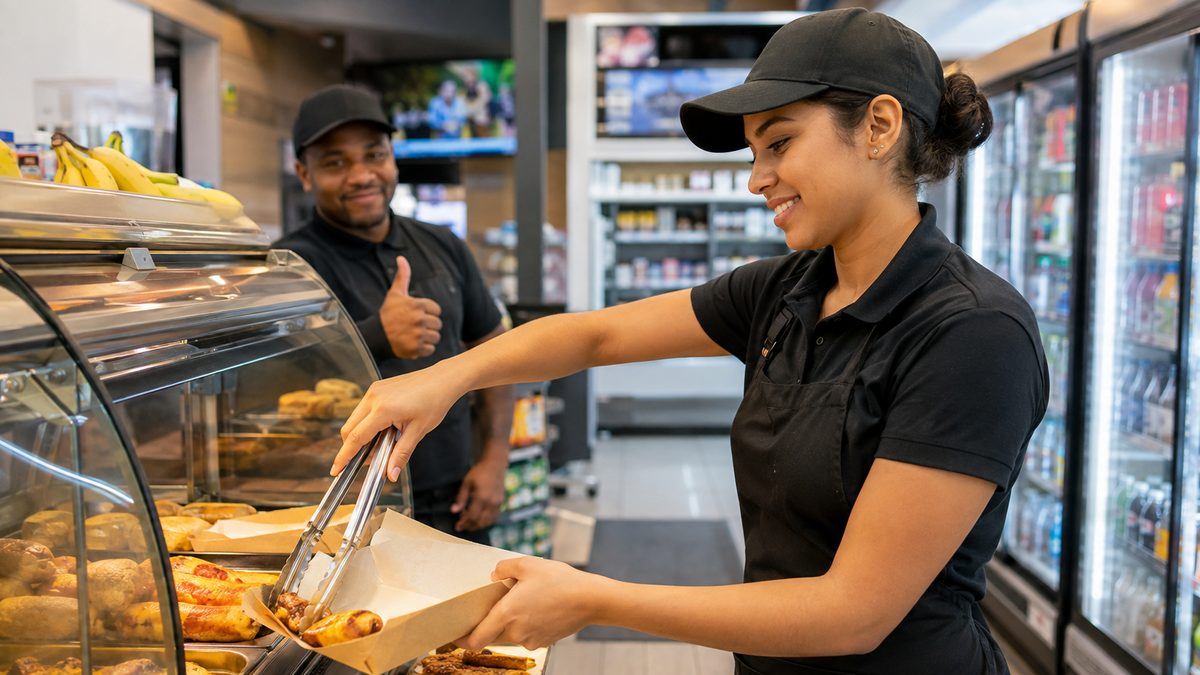 A new restaurant employee confidently serving food with a colleague giving a thumbs up