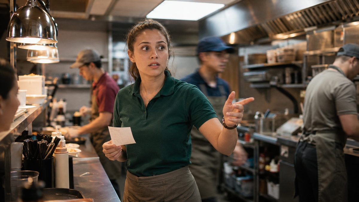 A young shift manager directing the kitchen line during a busy lunch rush